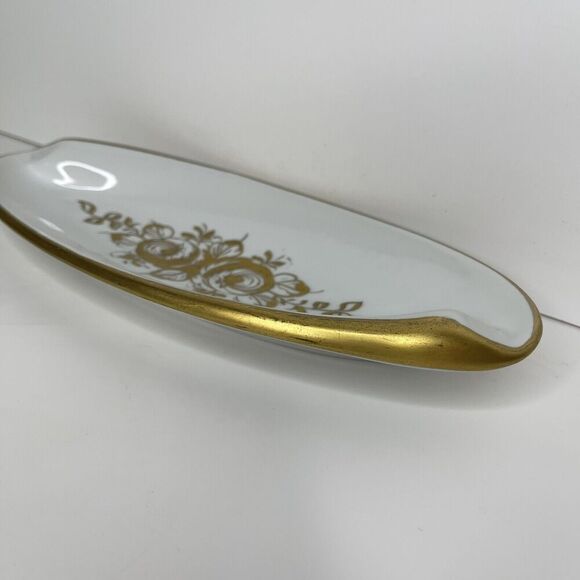 Porcelain De France Hand Painted Oval Celery Dish Trinket Gold Cream 9.5" x 4" - Picture 5 of 6